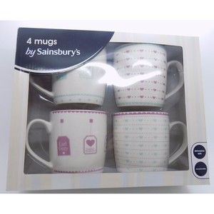 4 mug by Sainsburys tea tags English breakfast earl grey hearts pink blue NIB